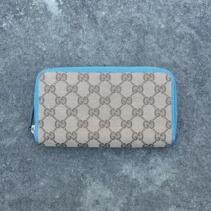 Gucci Round Zipper Long Wallet Beige Blue Monogram Canvas Leather